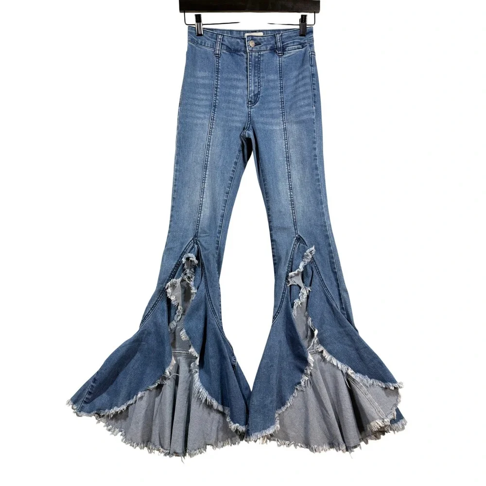 UNIQ By Litz Jeans 25 26 Bell Bottom Extreme Flare Western Festival Boho Raw Hem